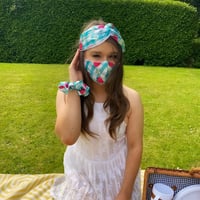Image 2 of Blue Gingham Strawberry Silky Matching Mask & Scrunchie Set 