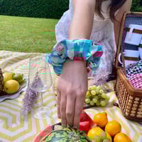 Image 4 of Blue Gingham Strawberry Silky Matching Mask & Scrunchie Set 