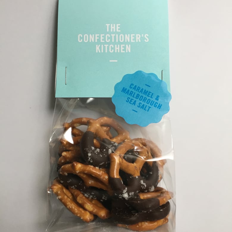 Image of Pretzels dipped in Dark Caramel Chocolate with Sea Salt