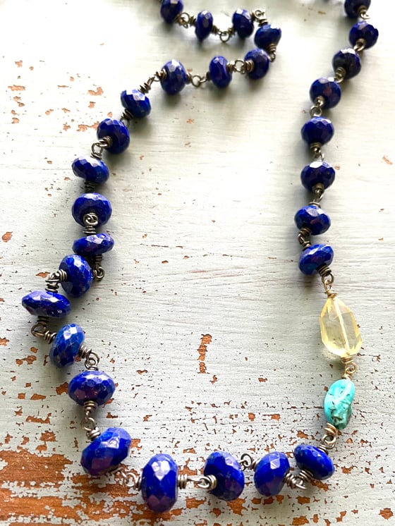 Image of faceted lapis lazuli turquoise and lemon quartz necklace