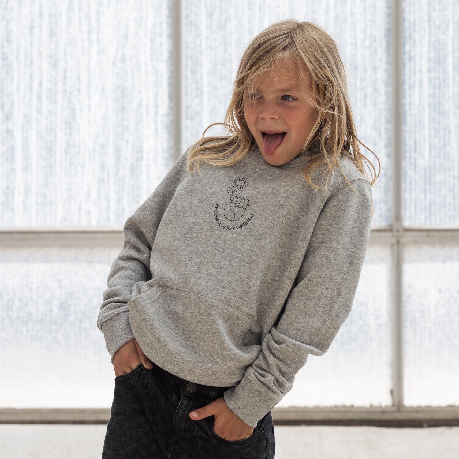 Image of HOODY BOY / GIRL HAPPY WARRIOR grey