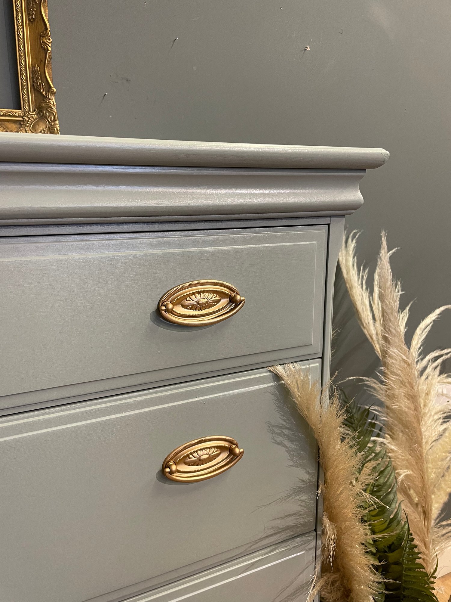 A beautiful tallboy chest of drawers painted in Farrow and Ball