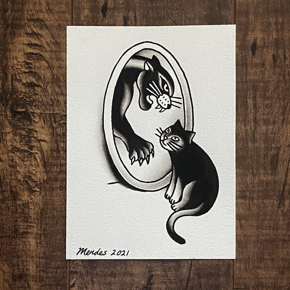 Kitty reflection (Original, 5x7)