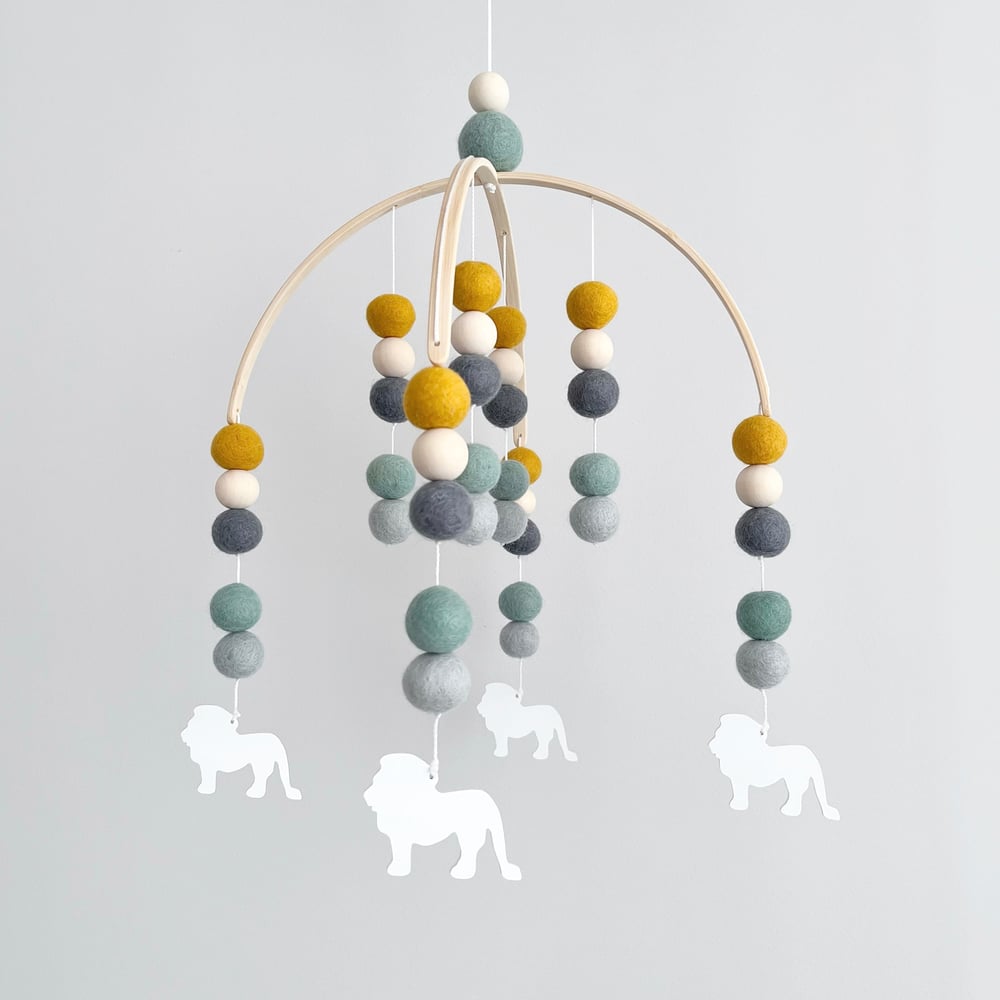 Image of Lion felt ball mobile - mustard, mint, greys & woodp