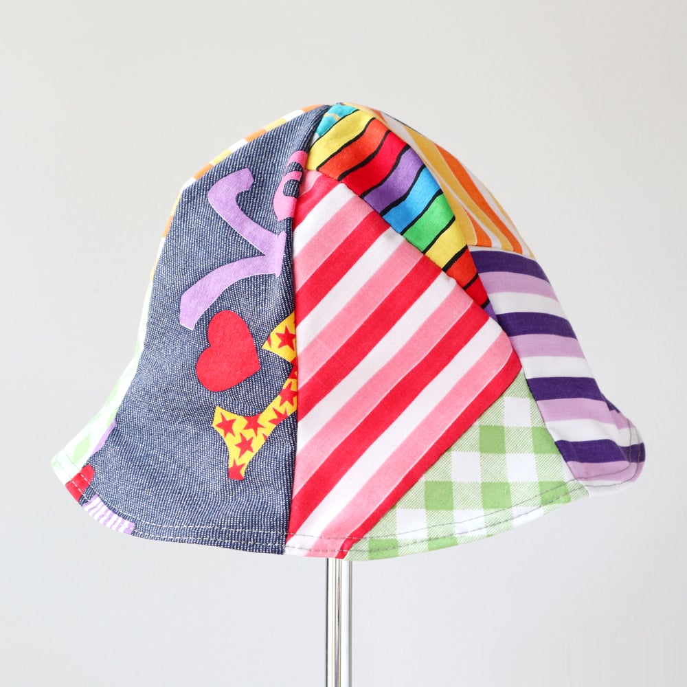 Image of rainbow patchwork love happy child vintage fabric six panel bucket hat buckethat sunhat candy stripe