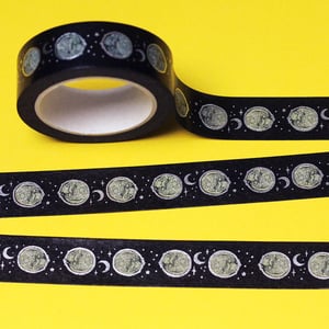 Image of Moon Cat foil Washi Tape - silver foil - BLACK - 15mm by 10m - Japanese masking tape 