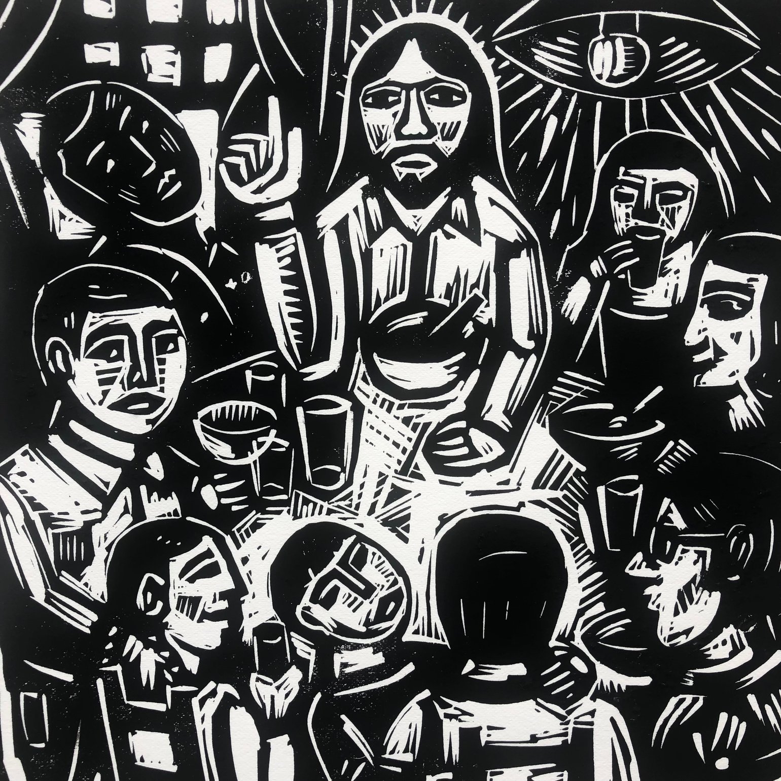 Image of Jesus with friends linocut