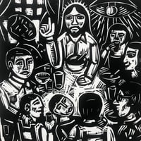 Jesus with friends linocut 