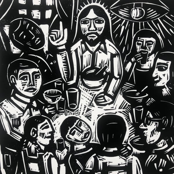 Image of Jesus with friends linocut 