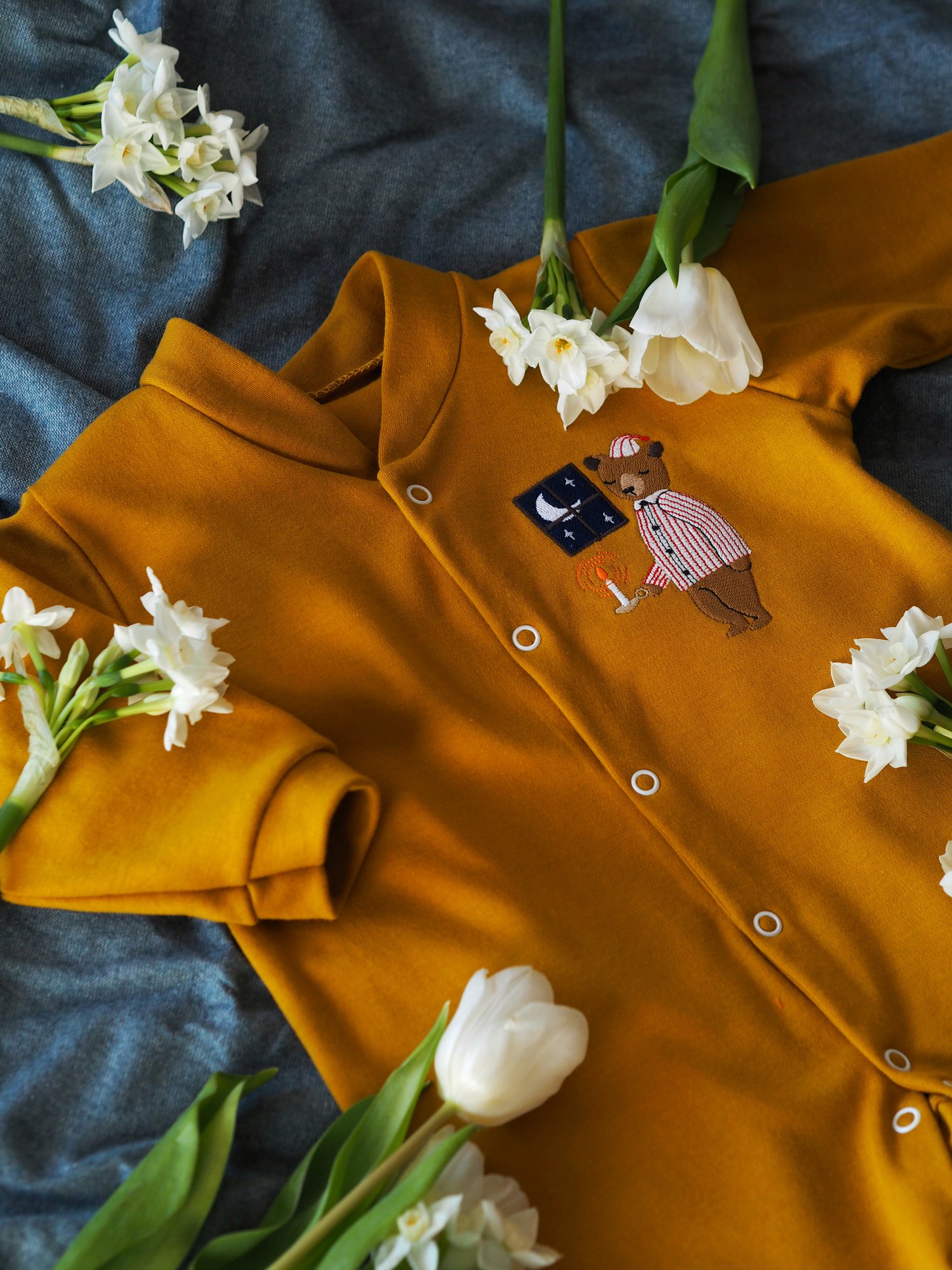 Image of Bedtime Bear - mustard button down sleepsuit 
