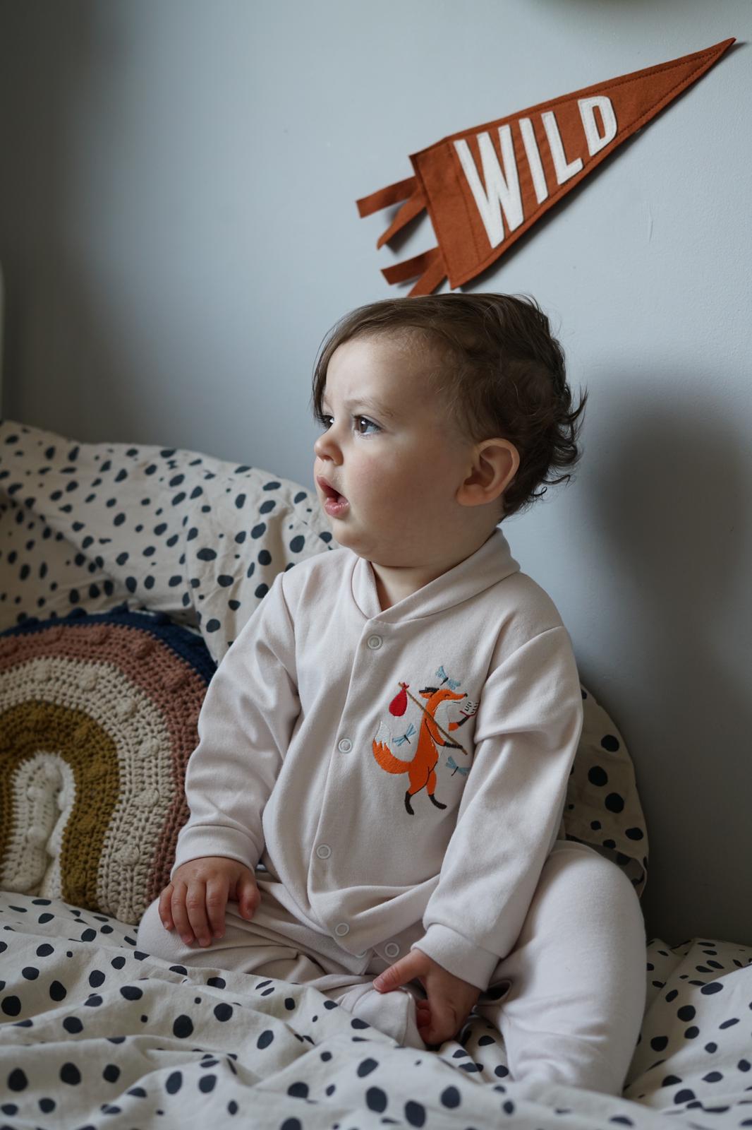 Image of Friendly Fox - Stone Button Down Sleepsuit