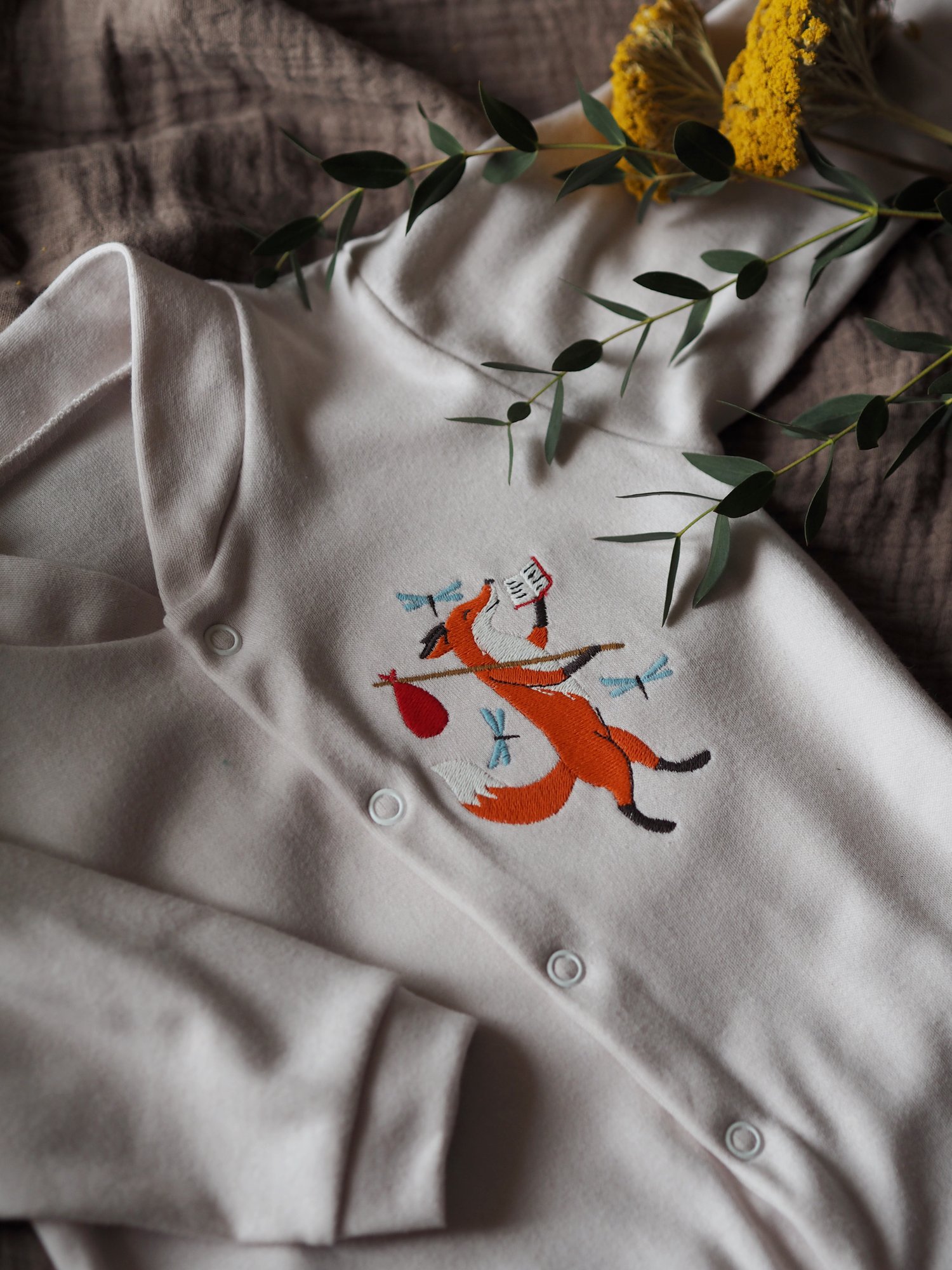 Image of Friendly Fox - Stone Button Down Sleepsuit