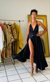 SILK V-NECK WITH ADJUSTABLE TIE THIN STRAP & SIDE SLIT MAXI DRESS