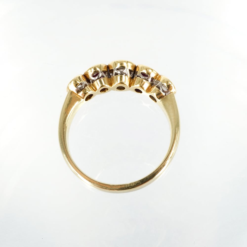 Image of 18ct yellow gold bezel set diamond and garnet dress ring. 