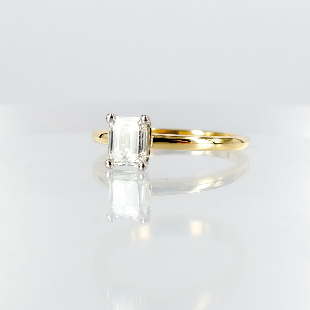 Image of 18ct yellow gold 1ct Asscher cut diamond solitaire ring.
