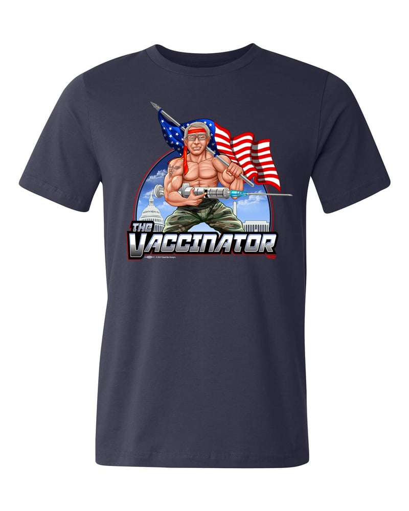 Image of The Vaccinator unisex black and navy tees