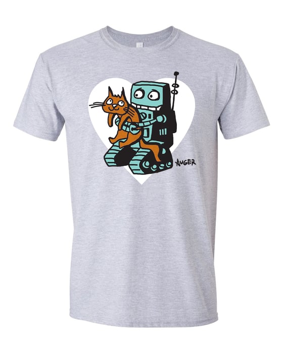 Image of Robot and Kitty Are Friends gray and heliconia shirts