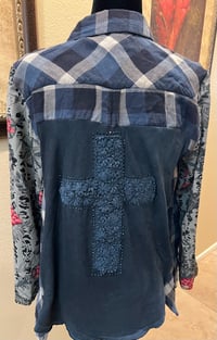 Image 1 of Vintage Funky Blue Flannel Shirt Floral Sleeves Crystal Cross