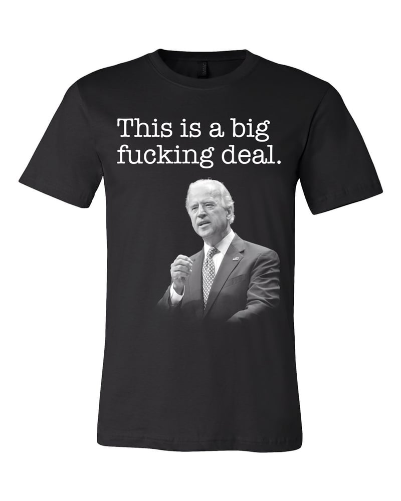 Image of Big Fucking Deal men's and ladies black shirts. 
