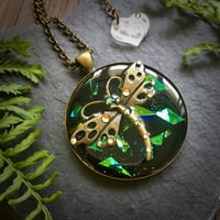Image 1 of Emerald Dragonfly Iridescent Round Pendant *WAS £20 NOW £10*