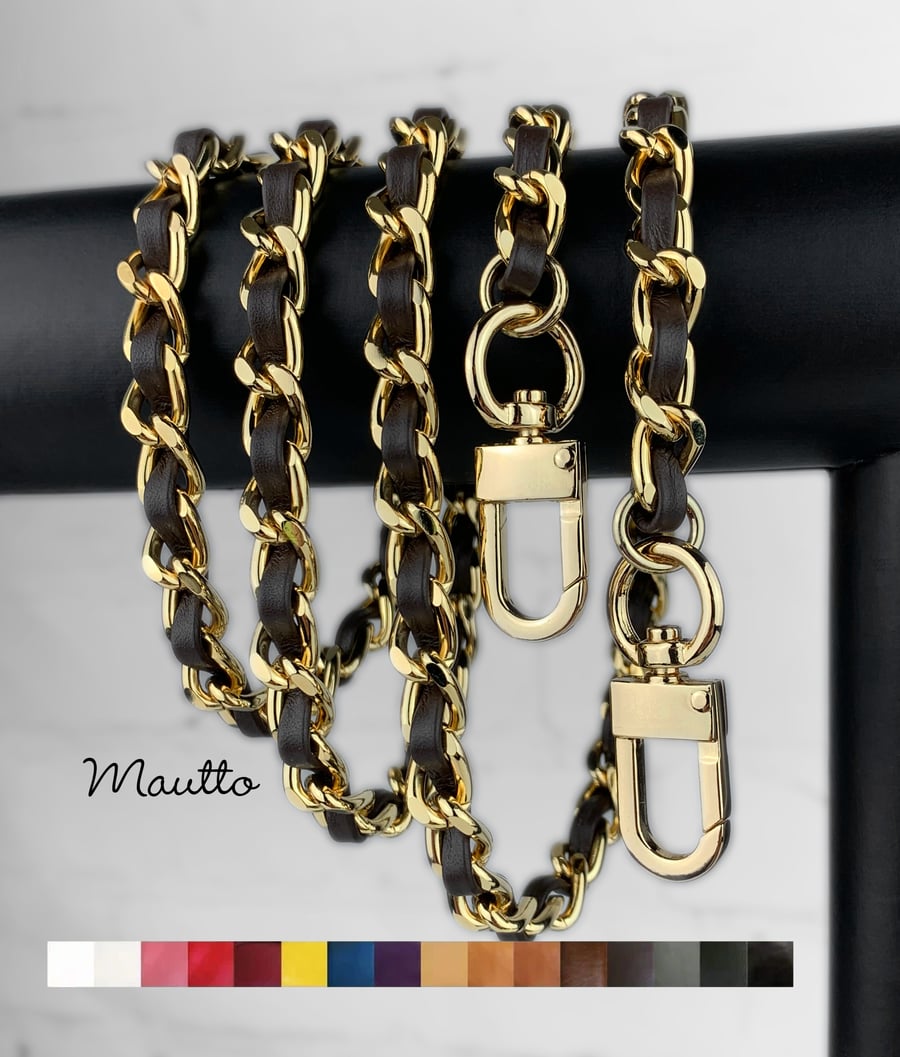 Image of Classic GOLD Chain Strap with Leather Woven by Hand - 16 Colors, 6 Clasp Styles, 11 Length Options