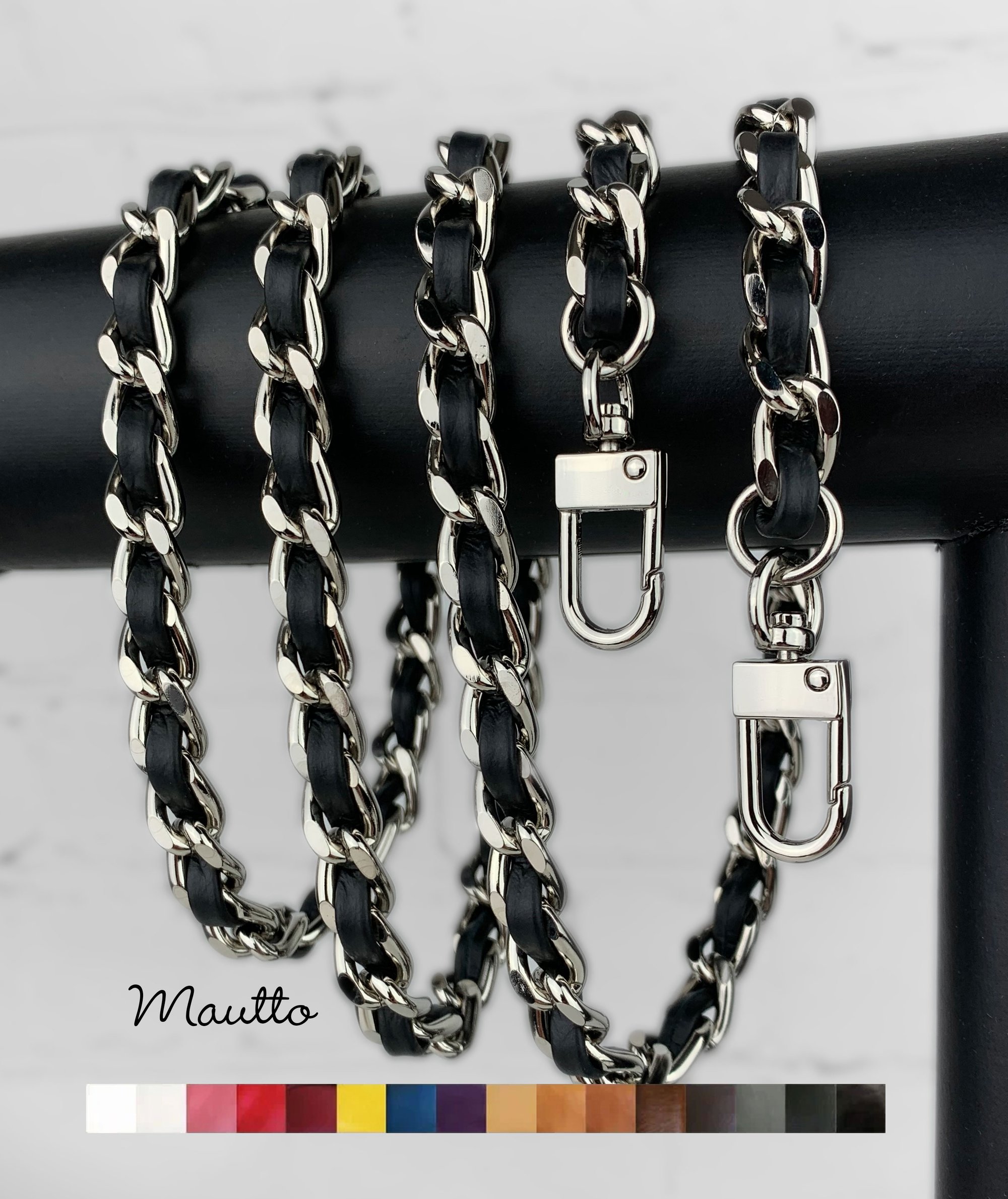 Classic NICKEL Chain Strap with Leather Woven by Hand - 16 Colors, 6 Clasp  Styles, 11 Length Options