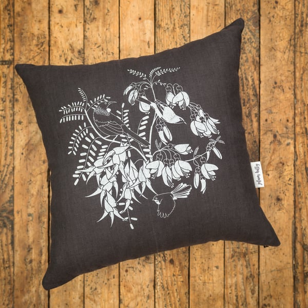 Image of 'Aotearoa Botanica' Linen Cushion Cover (Charcoal)