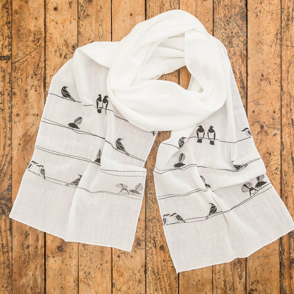 Image of 'NZ Birds on a Wire' Cotton Scarf (White)