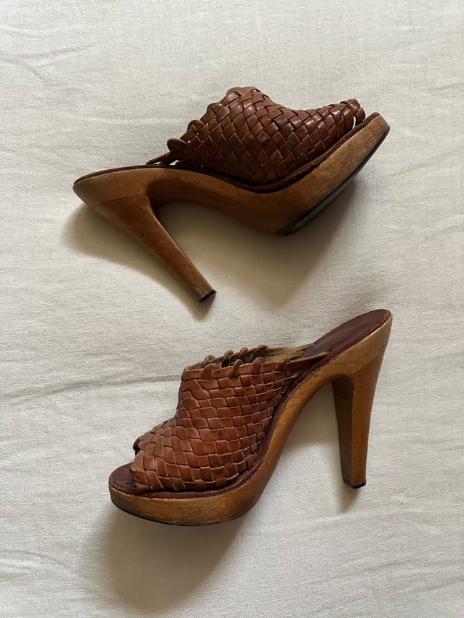 70s wood and leather basketweave mule platforms 