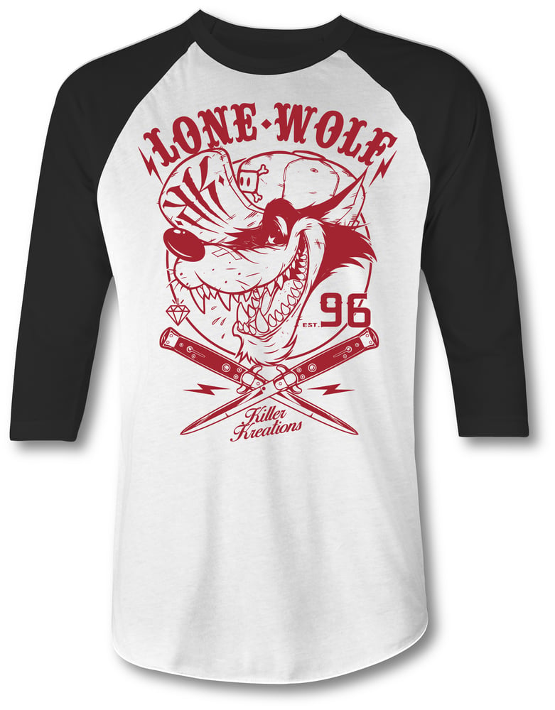 Image of Lone Wolf 3/4 Raglen Baseball Tee / Black-White-Red Ink