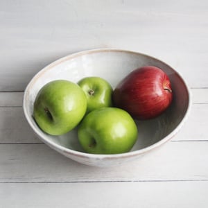 Image of Serving Bowl with White and Ocher Dripping Glazes, Handcrafted Pottery, Made in USA