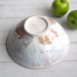 Image of Serving Bowl with White and Ocher Dripping Glazes, Handcrafted Pottery, Made in USA