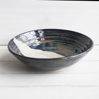 Image 4 of Modern Rustic Shallow Serving Bowl with Swirling Dark Glazes, Pottery Bowl, Made in USA