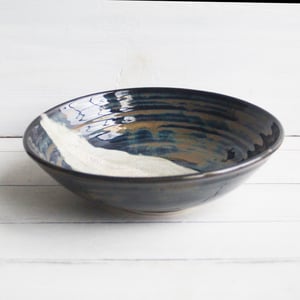 Image of Modern Rustic Shallow Serving Bowl with Swirling Dark Glazes, Pottery Bowl, Made in USA