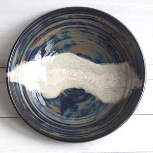 Image of Modern Rustic Shallow Serving Bowl with Swirling Dark Glazes, Pottery Bowl, Made in USA