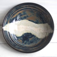 Image 3 of Modern Rustic Shallow Serving Bowl with Swirling Dark Glazes, Pottery Bowl, Made in USA