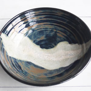 Image of Modern Rustic Shallow Serving Bowl with Swirling Dark Glazes, Pottery Bowl, Made in USA
