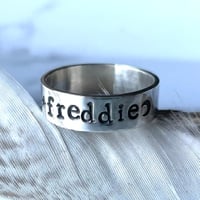 Image 1 of Personalised silver name ring with star and moon. Celestial silver 925 stamped word ring.