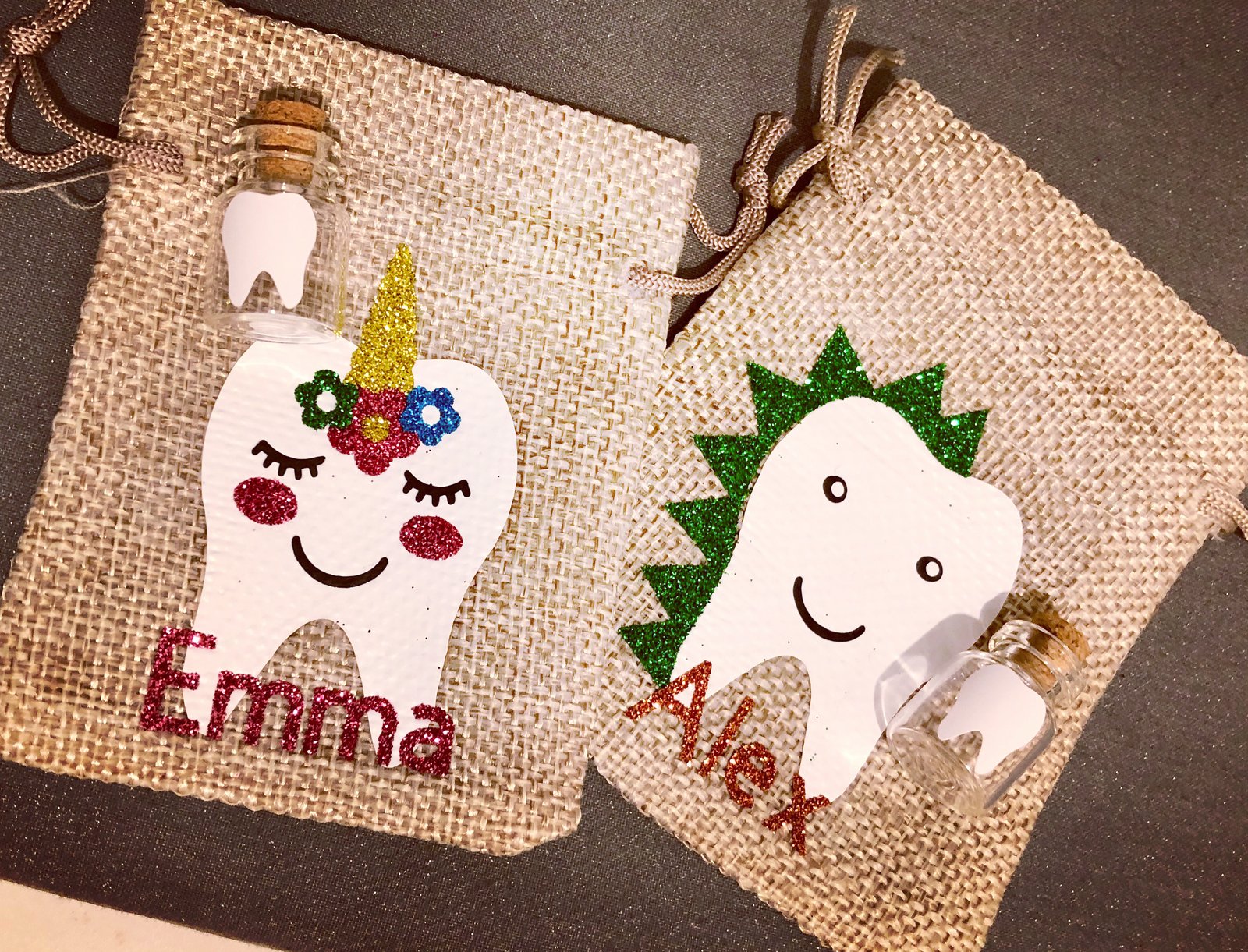 Personalised Tooth Fairy Bags with mini glass bottle Chubby Sparrow