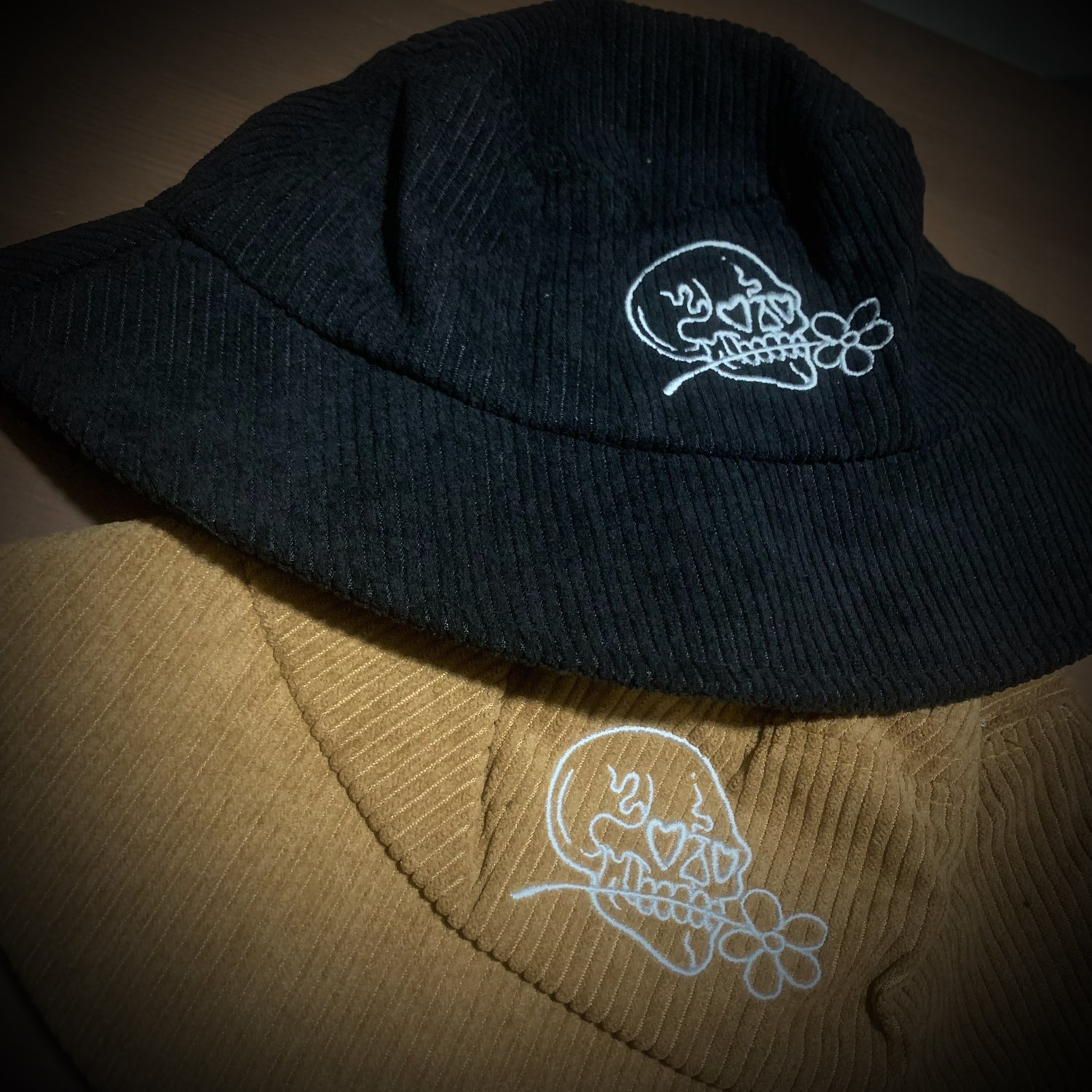 Image of EMBROIDED CORDUROY SKULLY BUCKET HAT