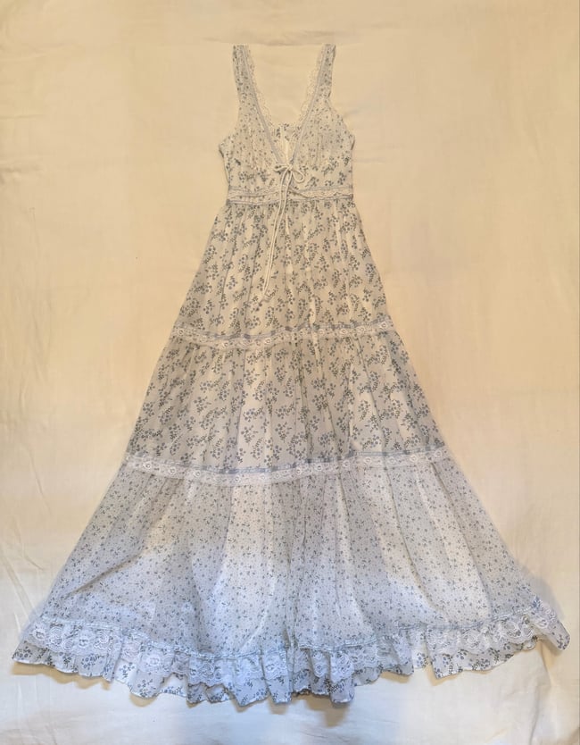 70s Gunne Sax lace up prairie corset sun dress 11 medium small calico white 