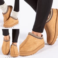 CHESTNUT FAUX SUEDE EMBROIDED AZTEC DETAIL COZY FLUFFY SLIPPERS BOOTS BOOTIES