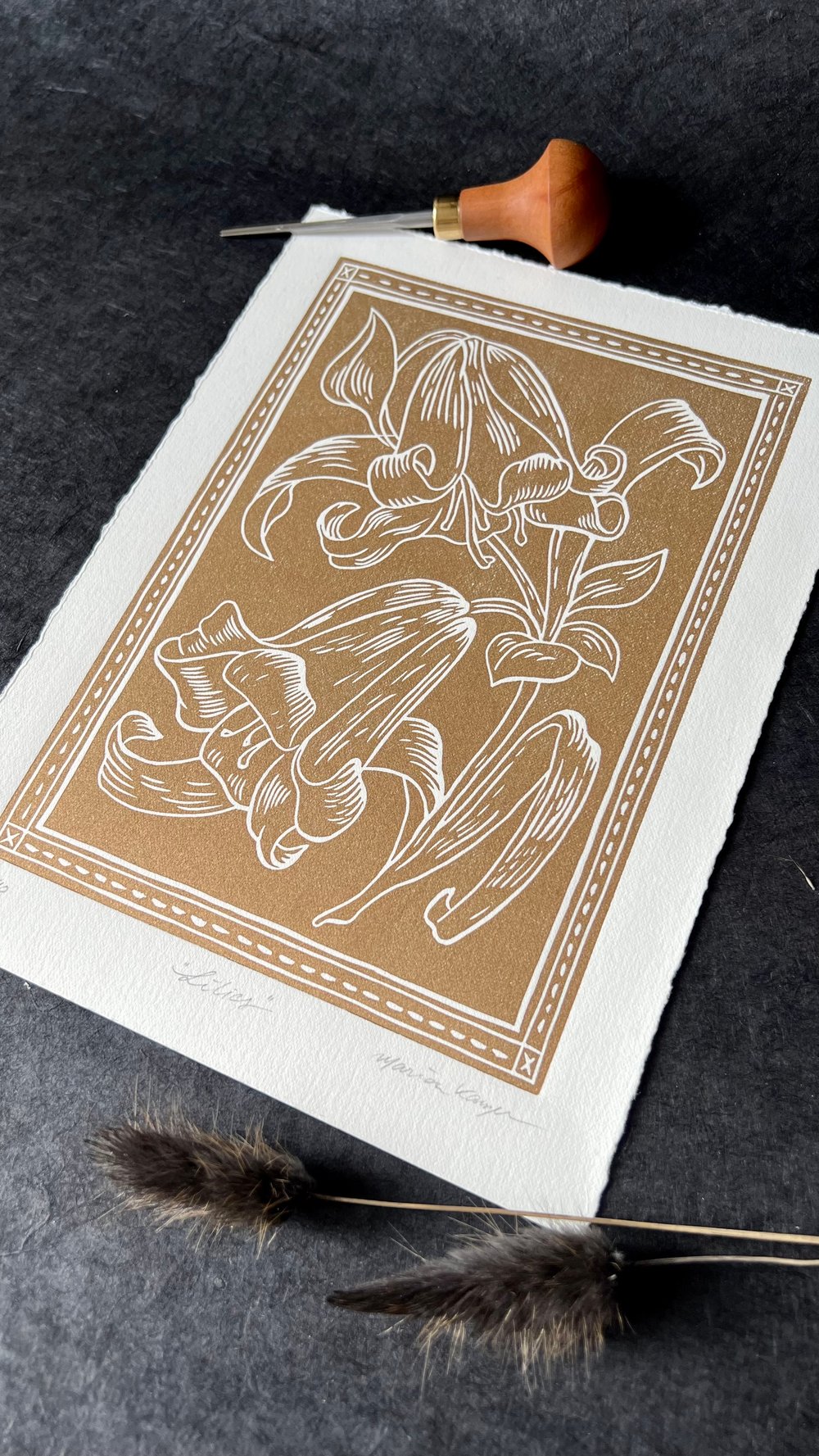 Lilies Lino Print Gold White