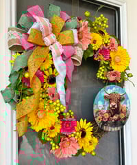 Image 3 of Highland cow Spring Floral Grapevine Wreath