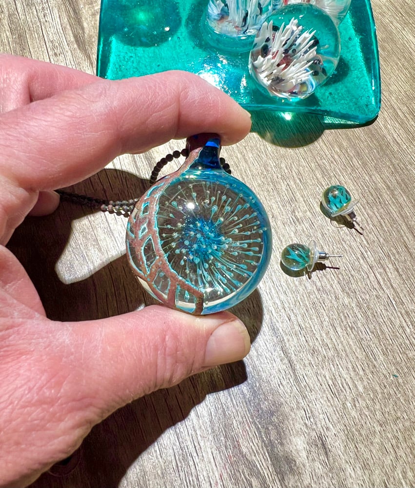 Image of Aqua Azul electroformed pendant with matching earrings 