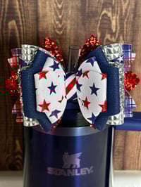 Image 1 of Fourth of July Memorial Day Patrotic Red White and Blue Tumbler Straw Topper Bow