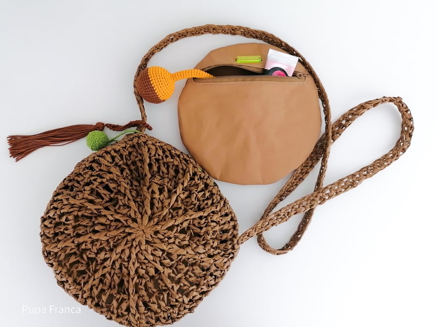 Image of Small Cross-shoulder Raffia Bag in Brown