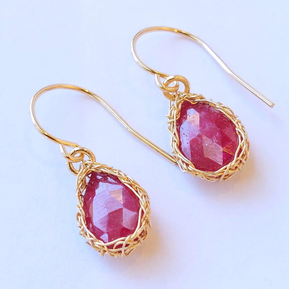 Image of Gold Crochet Ruby Teardrop Earrings