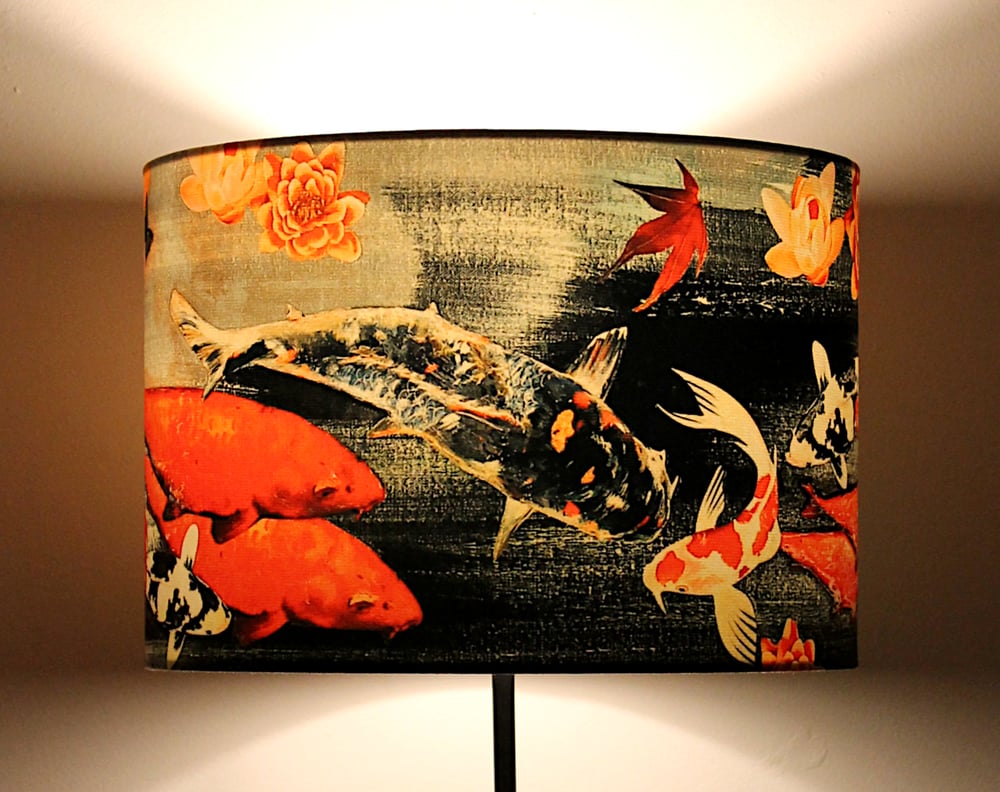Image of Koi on Black and Grey Drum Lampshade by Lily Greenwood (30cm Diameter)