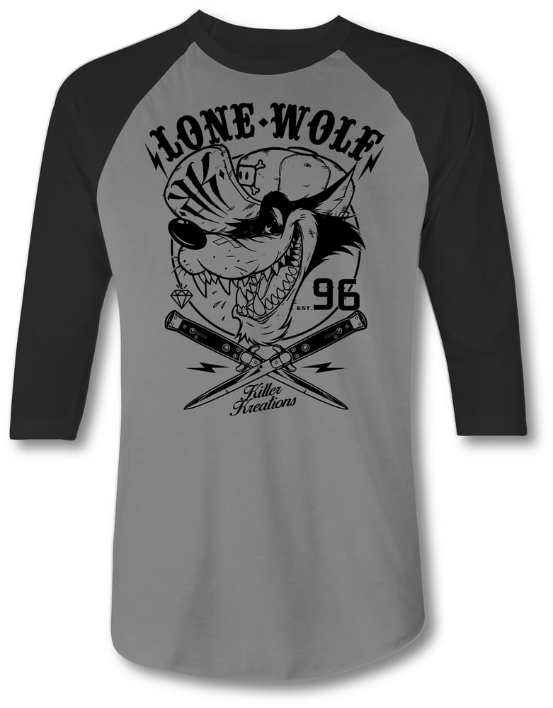 Image of Lone Wolf 3/4 Raglen Baseball Tee / Black-Grey-Black Ink